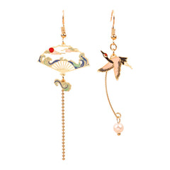 Pearl & Enamel 18K Gold-Plated Crane Fan Drop Earrings