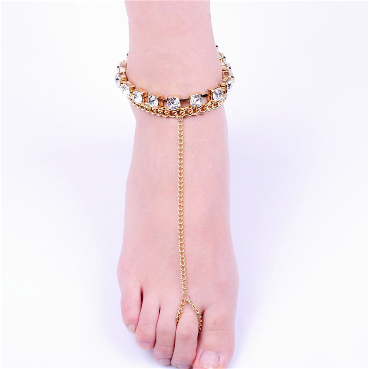 Cubic Zirconia & 18K Gold-Plated Figaro Layer Anklet & Toe Ring Set