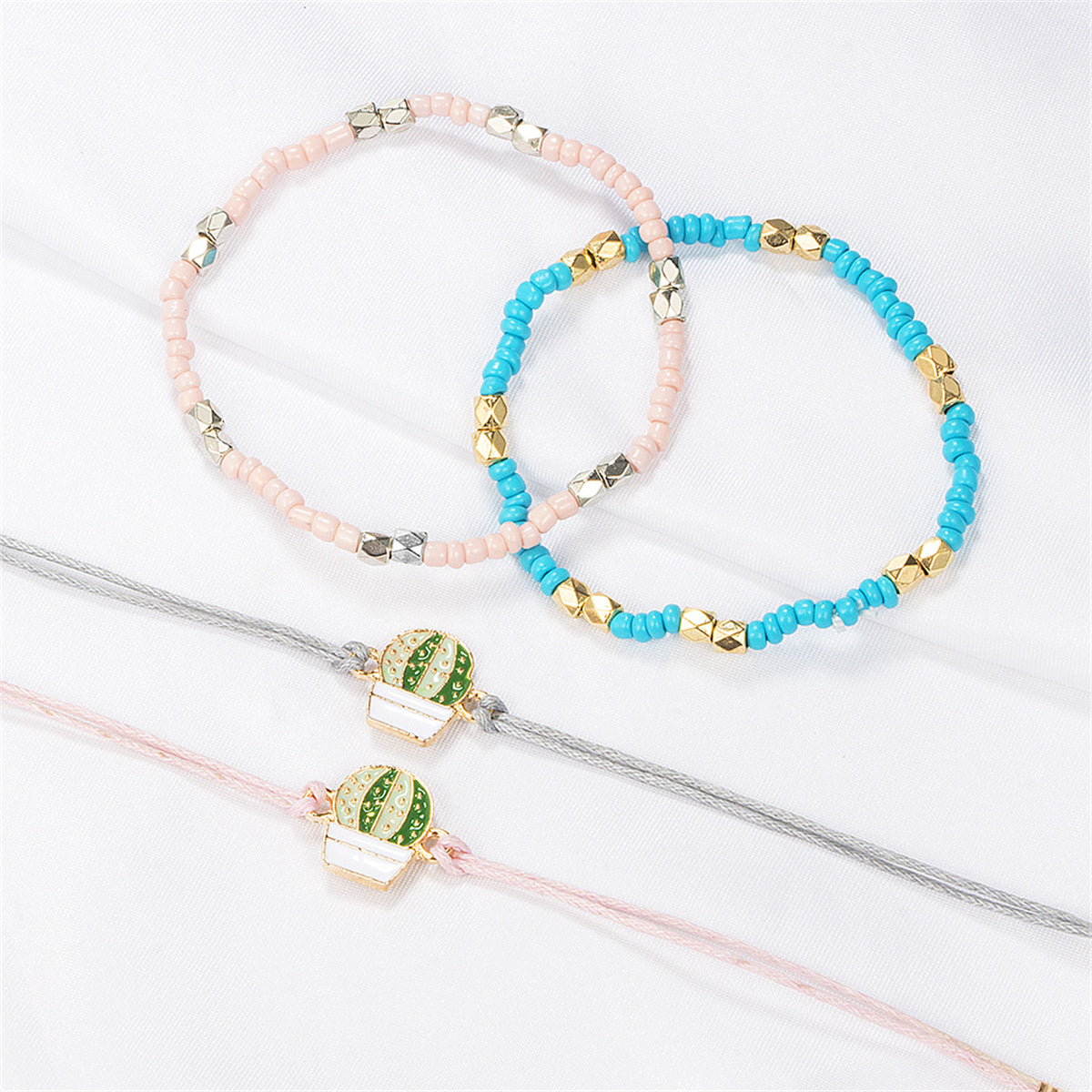 Green Enamel & Turquoise 18K Gold-Plated Cactus Charm Anklet Set