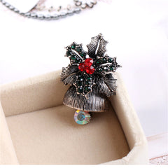 Cubic Zirconia & Silver-Plated Flower Christmas Bell Brooch