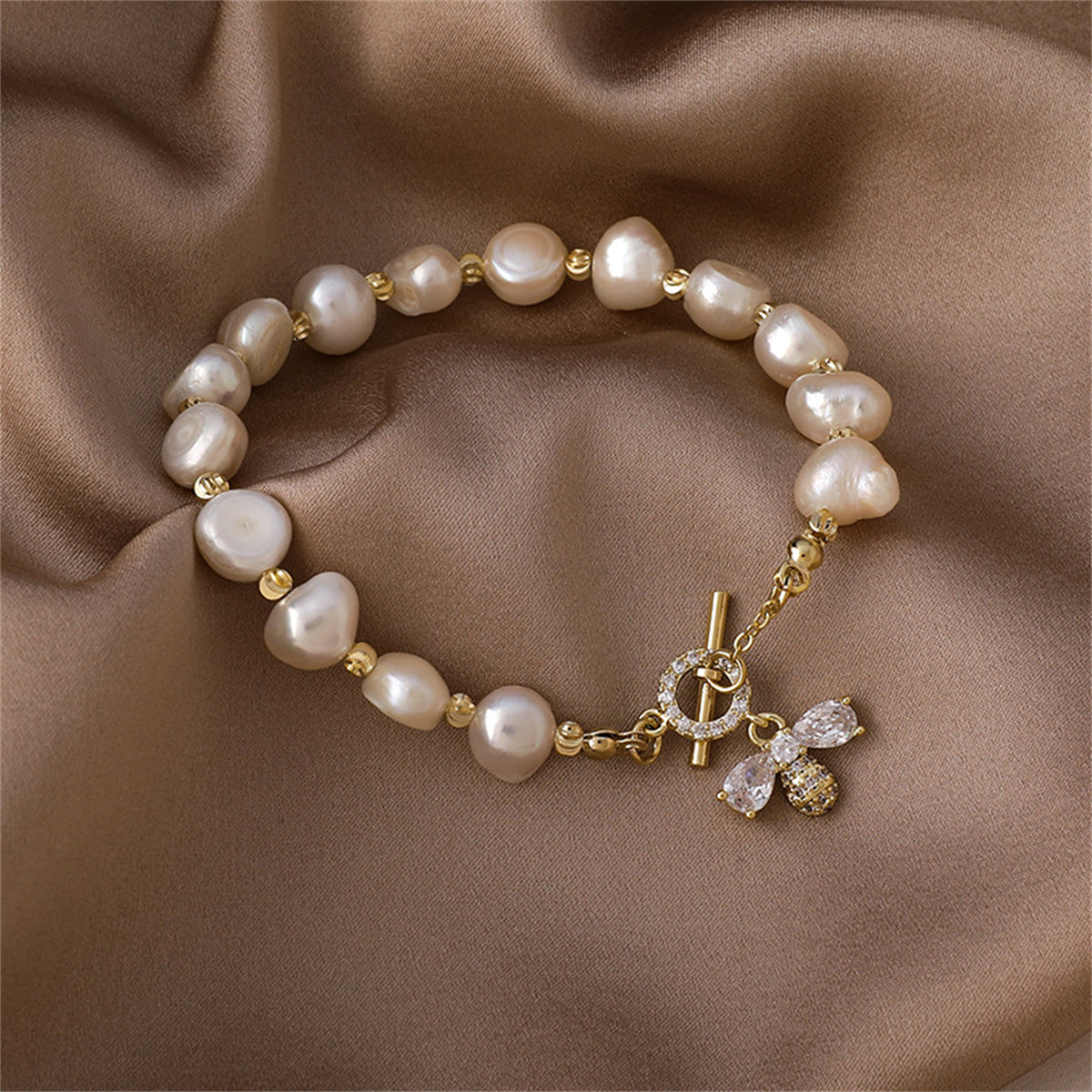 Pearl & Crystal Cubic Zirconia Bee Charm Bracelet