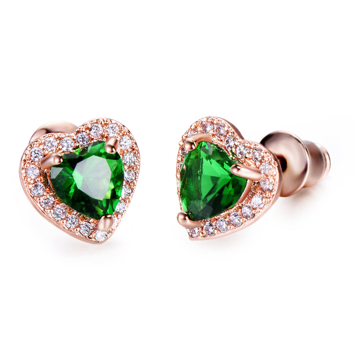 Green Crystal & Cubic Zirconia 18K Rose Gold-Plated Halo Heart Stud Earrings