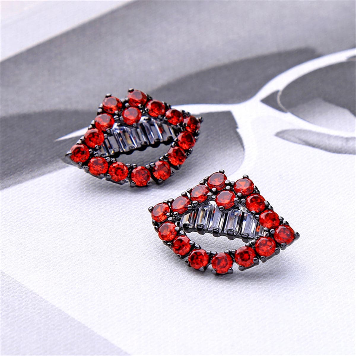 Red & Silver-Plated Lips Stud Earrings With Swarovski® Crystals - streetregion