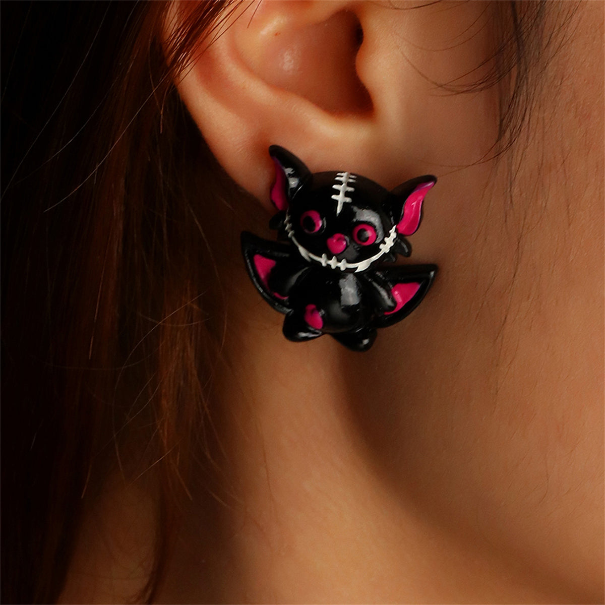 Black & Silver-Plated Bat Stud Earrings