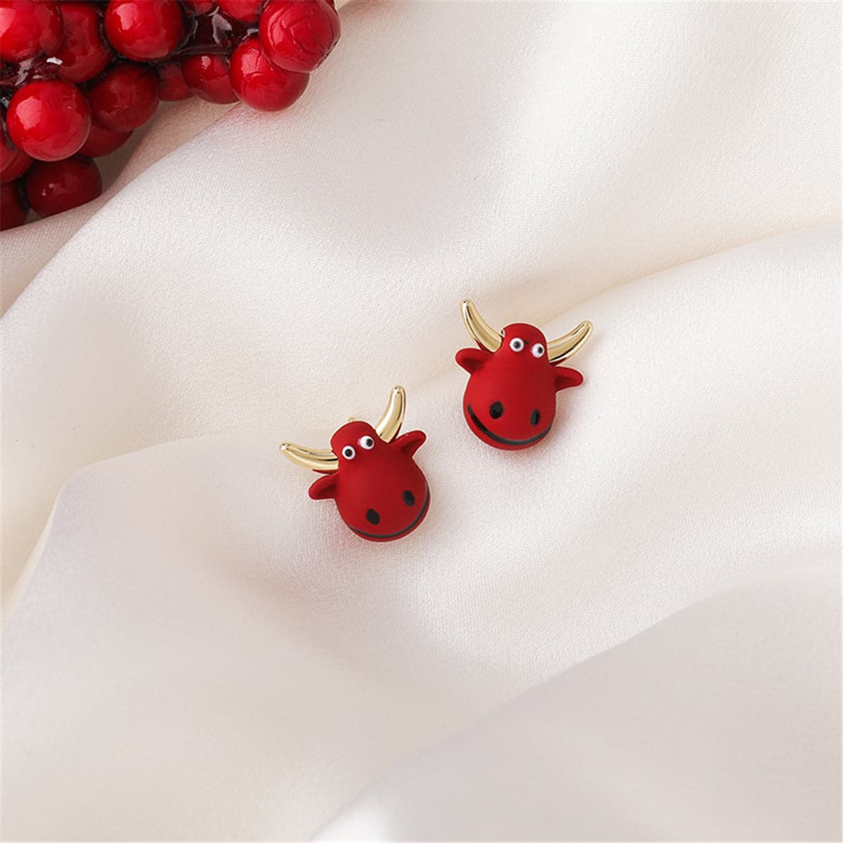 Red Polymer Clay & 18K Gold-Plated Cattle Stud Earrings