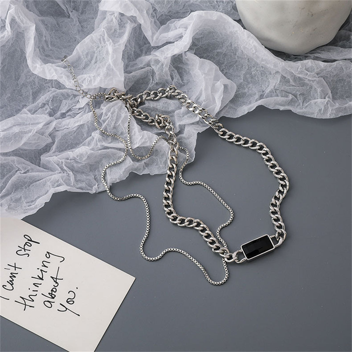 Black Enamel & Silver-Plated Curb Chain Layered Choker