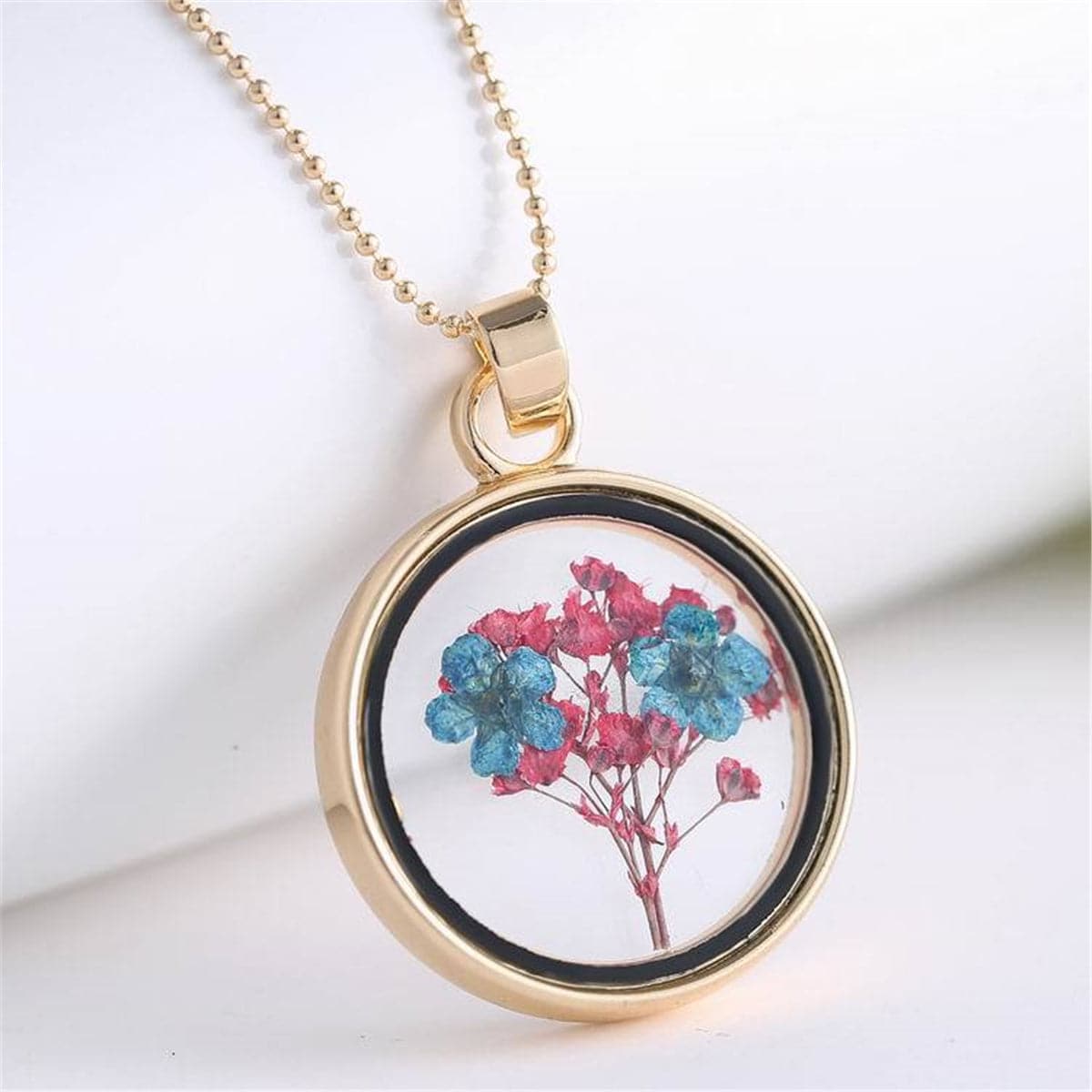Blue & 18K Gold-Plated Pressed Peach Blossom Round Pendant Necklace