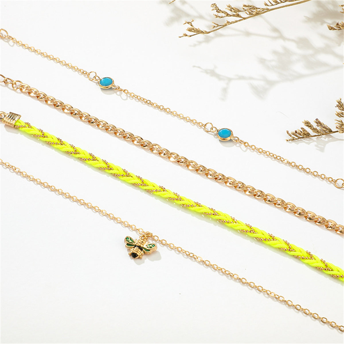 Neon Yellow & 18K Gold-Plated Bee Charm Anklet Set