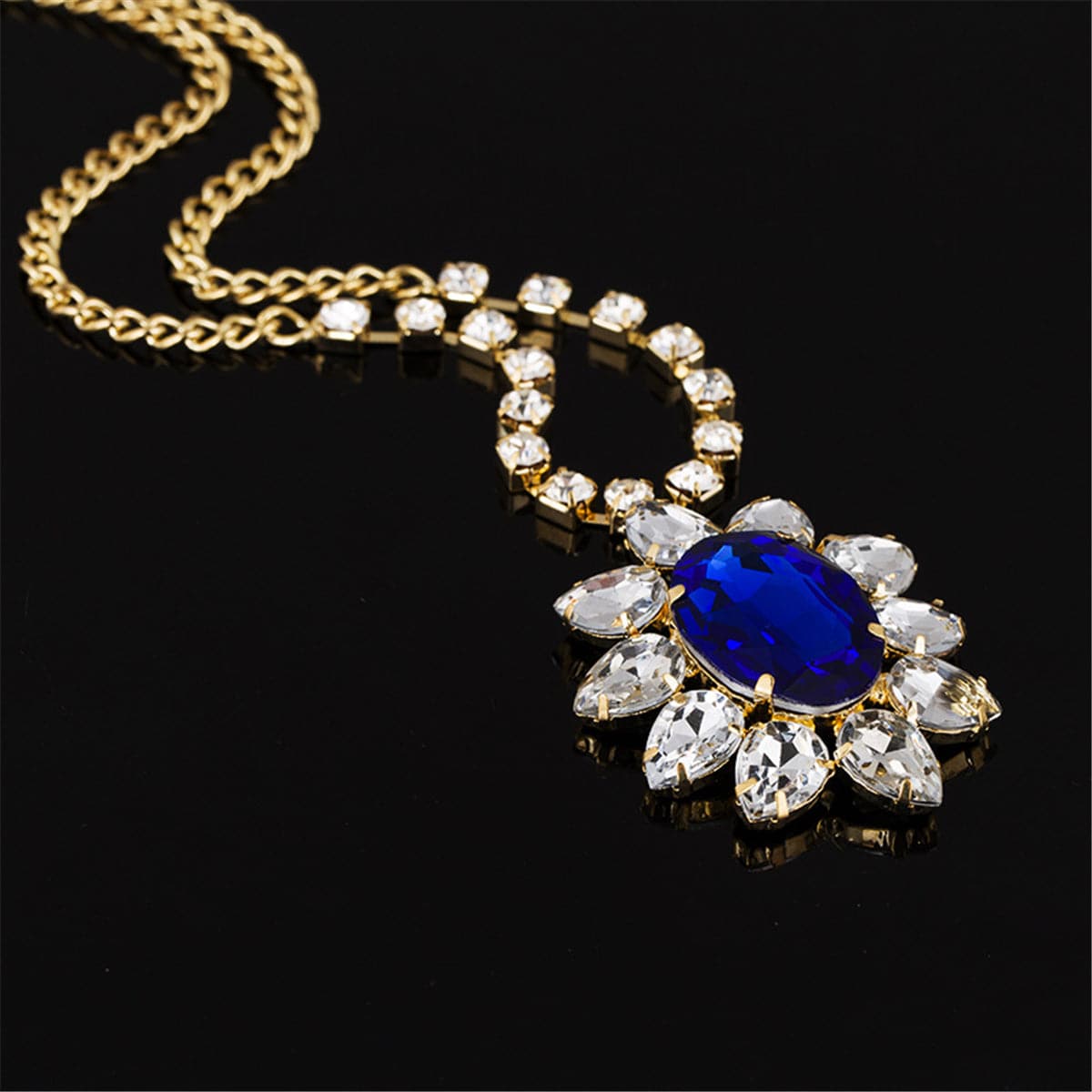 Blue Crystal & Cubic Zirconia 18K Gold-Plated Oval Flower Pendant Necklace