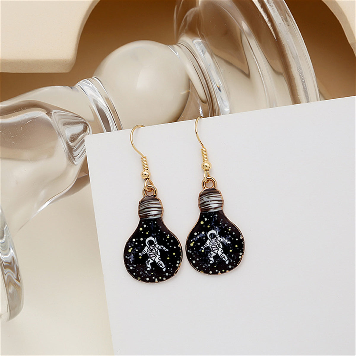 Black Enamel & 18K Gold-Plated Astronaut Bulb Drop Earrings