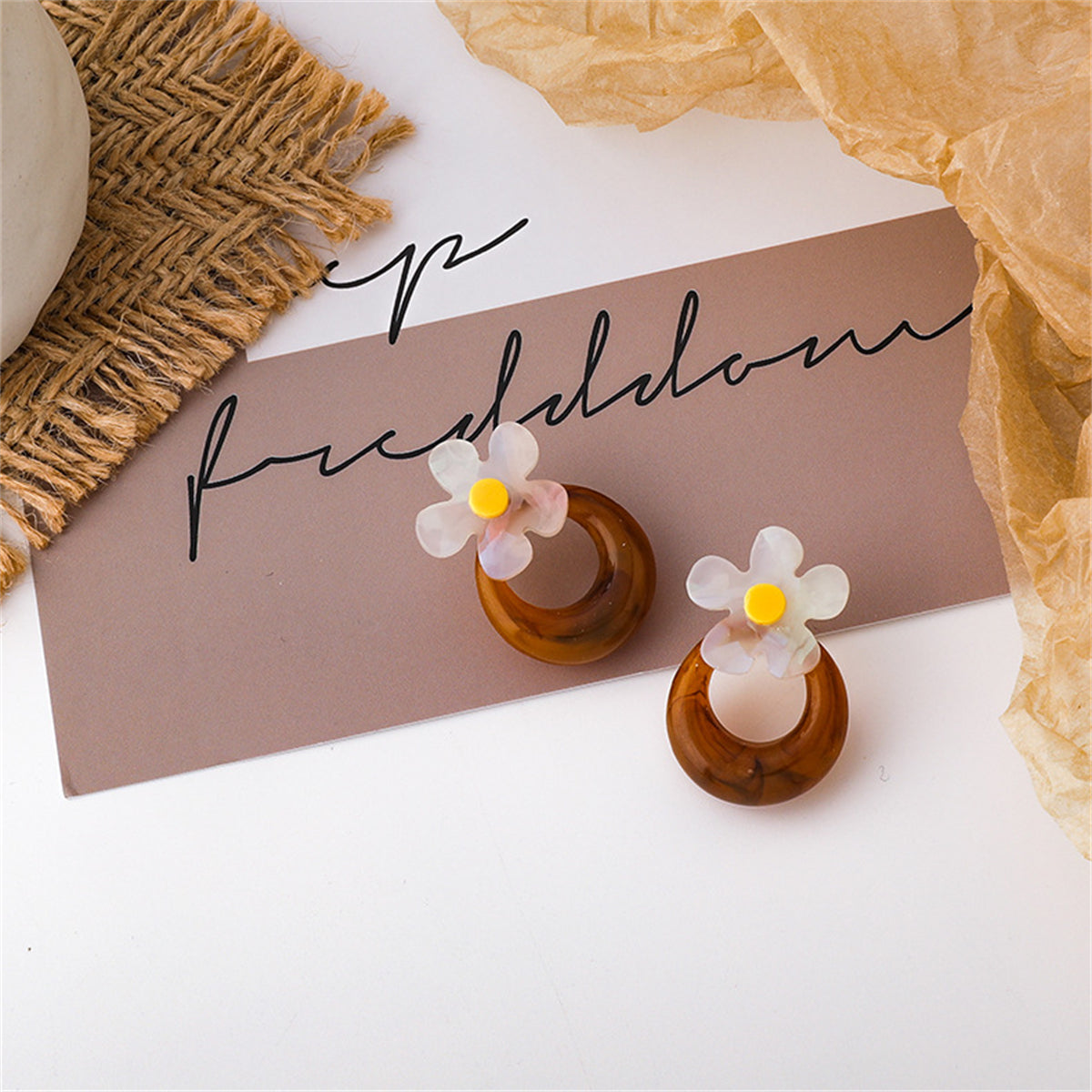 Brown & White Acrylic Floral Hoop Stud Earrings