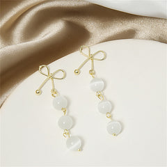 White Cat-Eye & 18K Gold-Plated Bow Triple Tier Round Drop Earrings