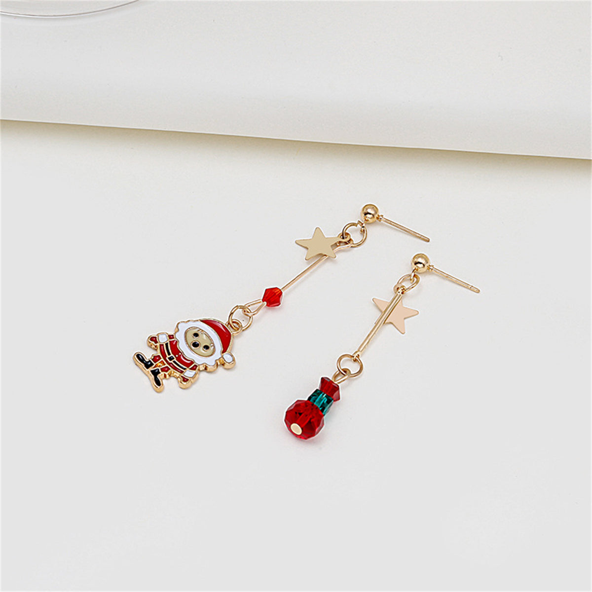 Red Enamel & 18K Gold-Plated Star & Santa Mismatched Drop Earrings