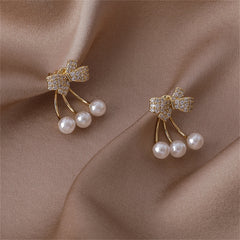 Cubic Zirconia & Pearl 18K Gold-Plated Bow Ear Jackets