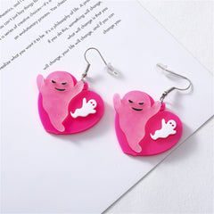 Pink & Silver-Plated Ghost Heart Drop Earrings