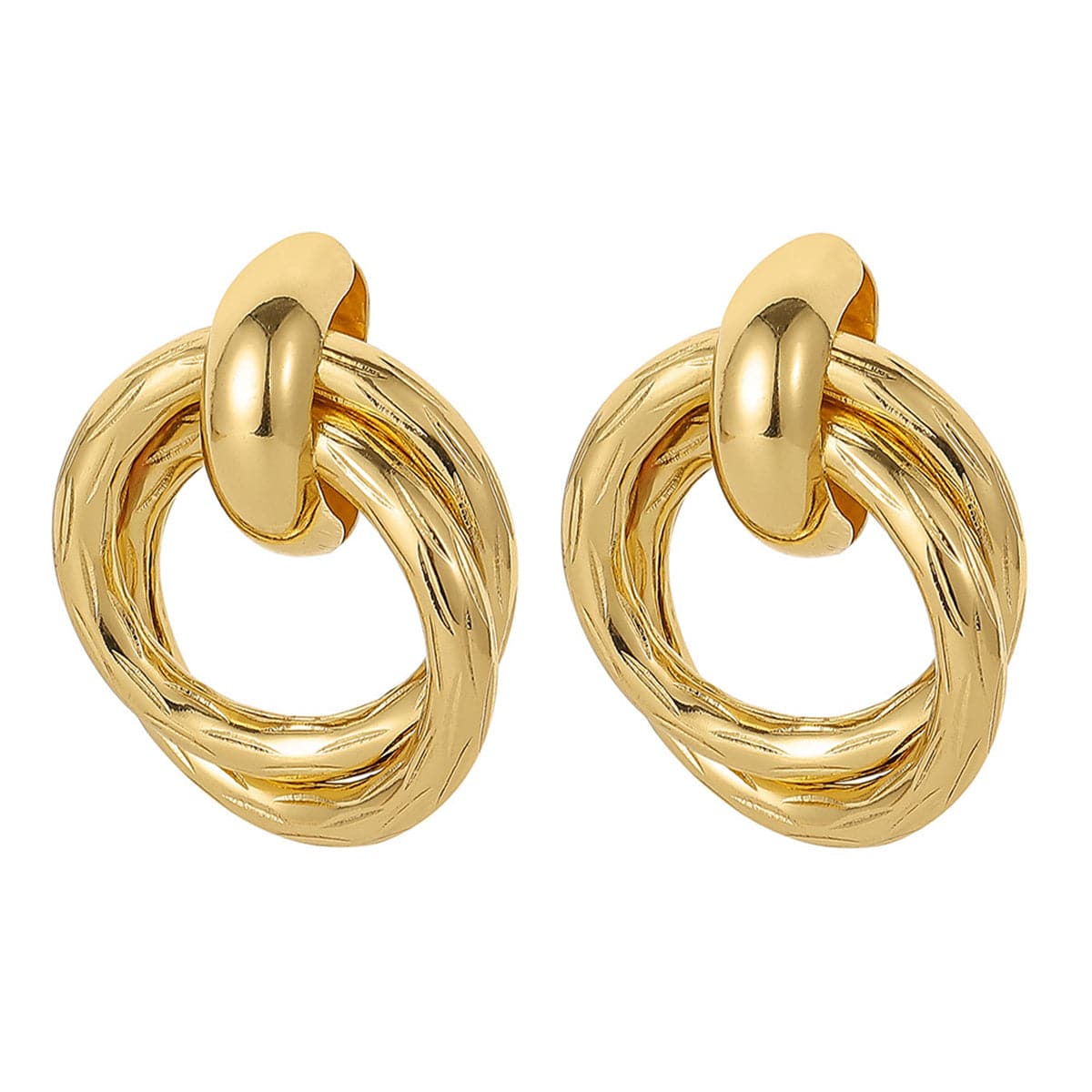 Elegant 18K gold-plated earrings featuring a twisted double circle design, perfect for adding a touch of sophistication.