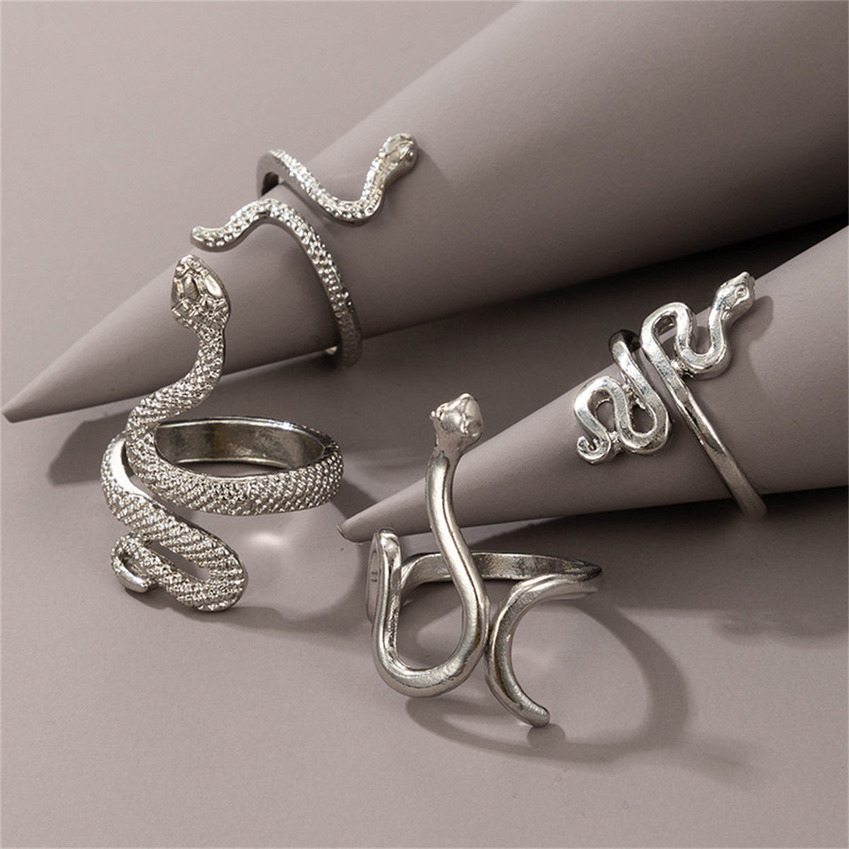 Silver-Plated Textured Snake Ring Set