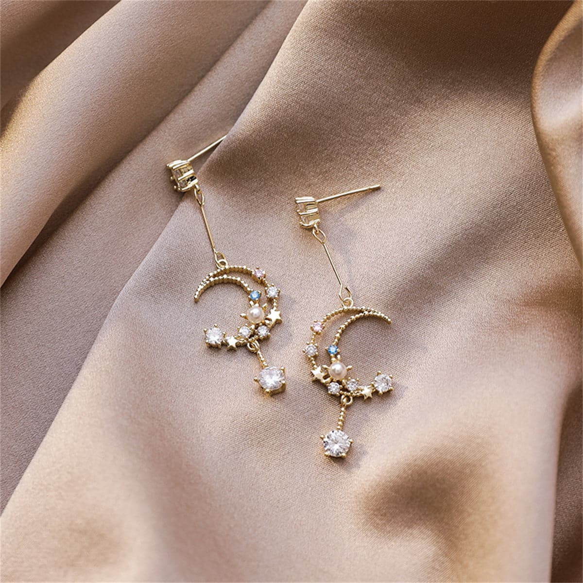 Cubic Zirconia & Pearl 18K Gold-Plated Celestial Drop Earrings