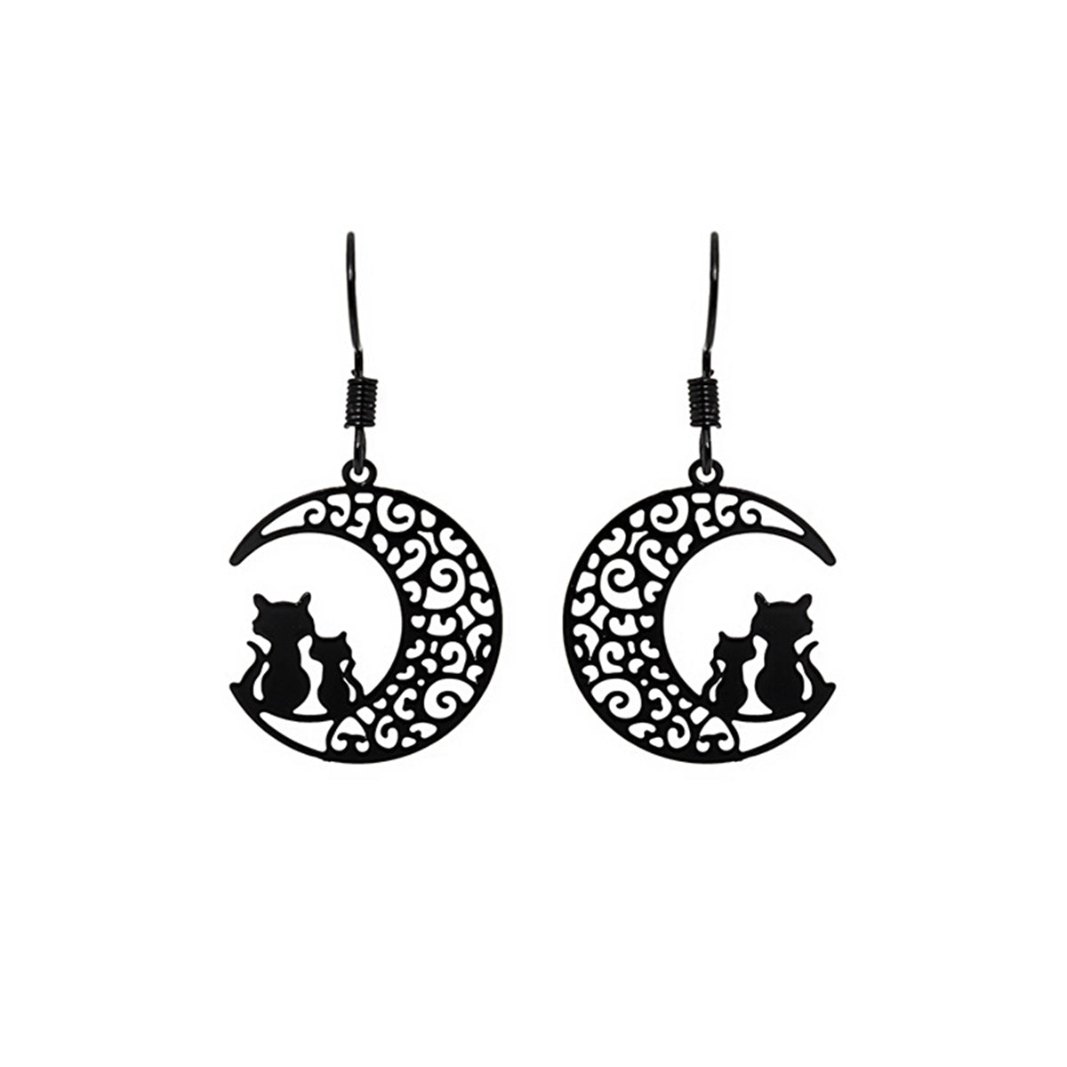 Black Moon & Cat Drop Earrings