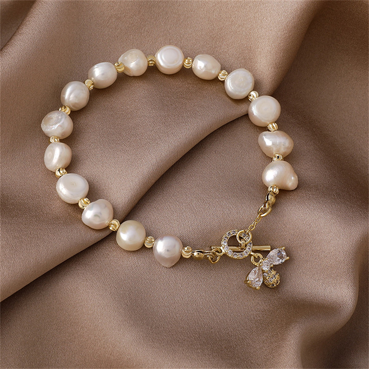 Pearl & Crystal Cubic Zirconia Bee Charm Bracelet