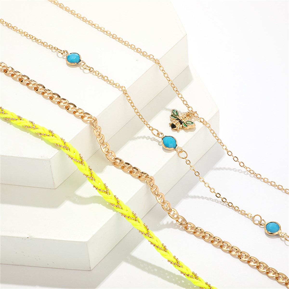 Neon Yellow & 18K Gold-Plated Bee Charm Anklet Set