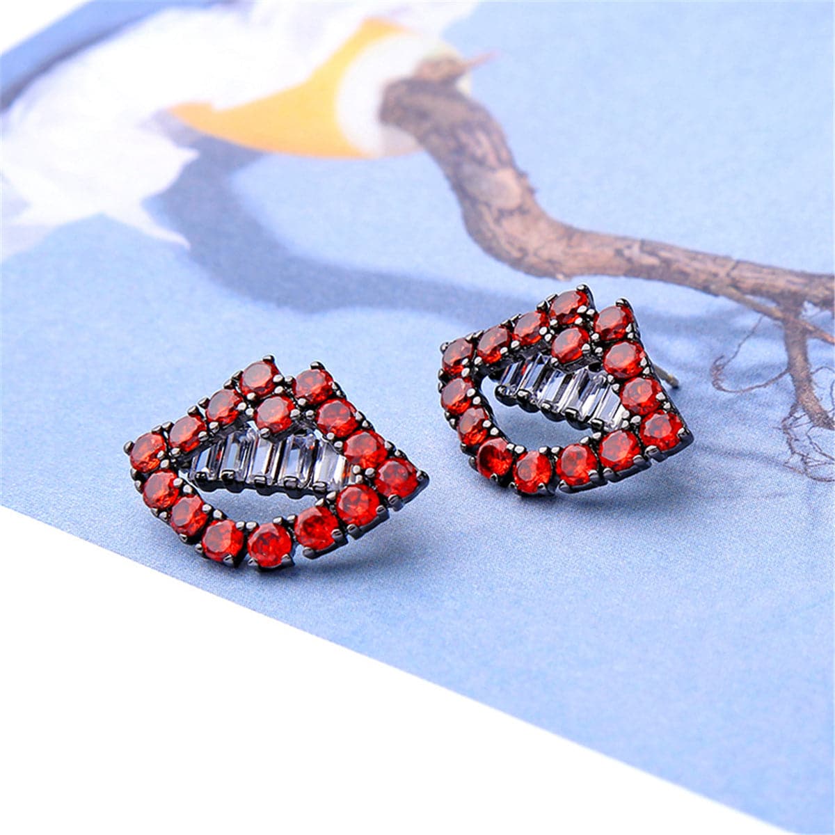 Red & Silver-Plated Lips Stud Earrings With Swarovski® Crystals - streetregion