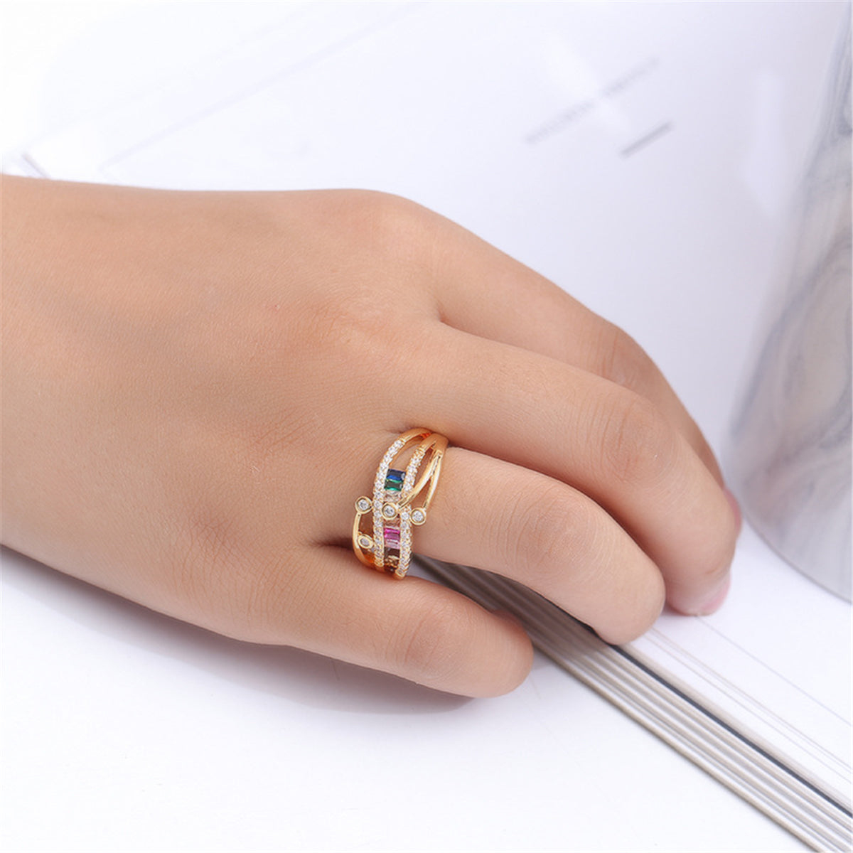 Cubic Zirconia & Rainbow Crystal Rattan Ring