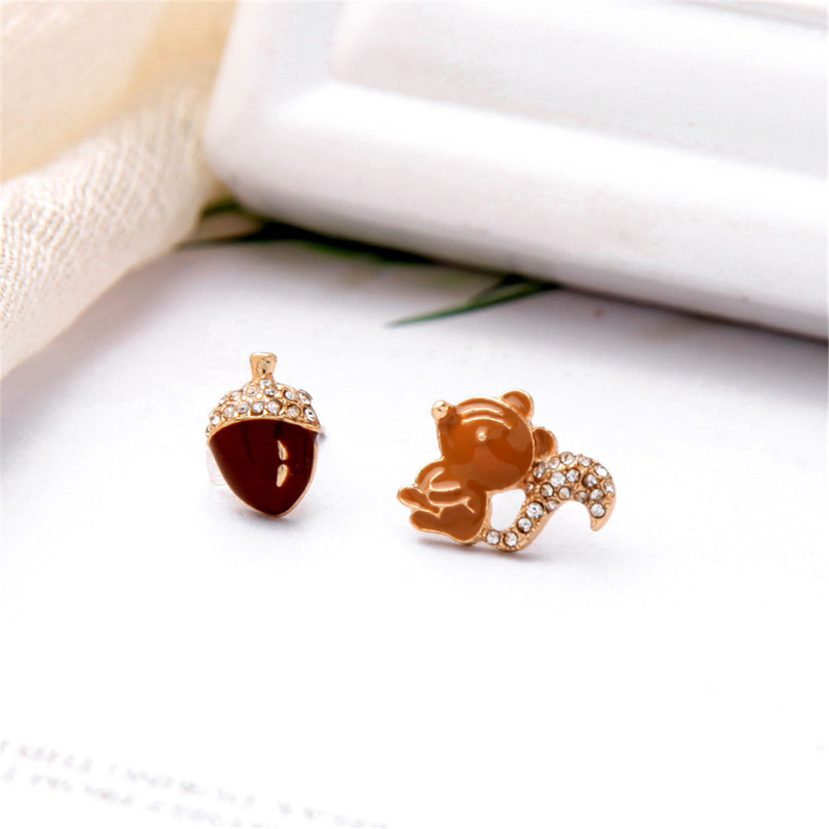 Cubic Zirconia & Enamel 18K Gold-Plated Squirrel Nut Stud Earrings