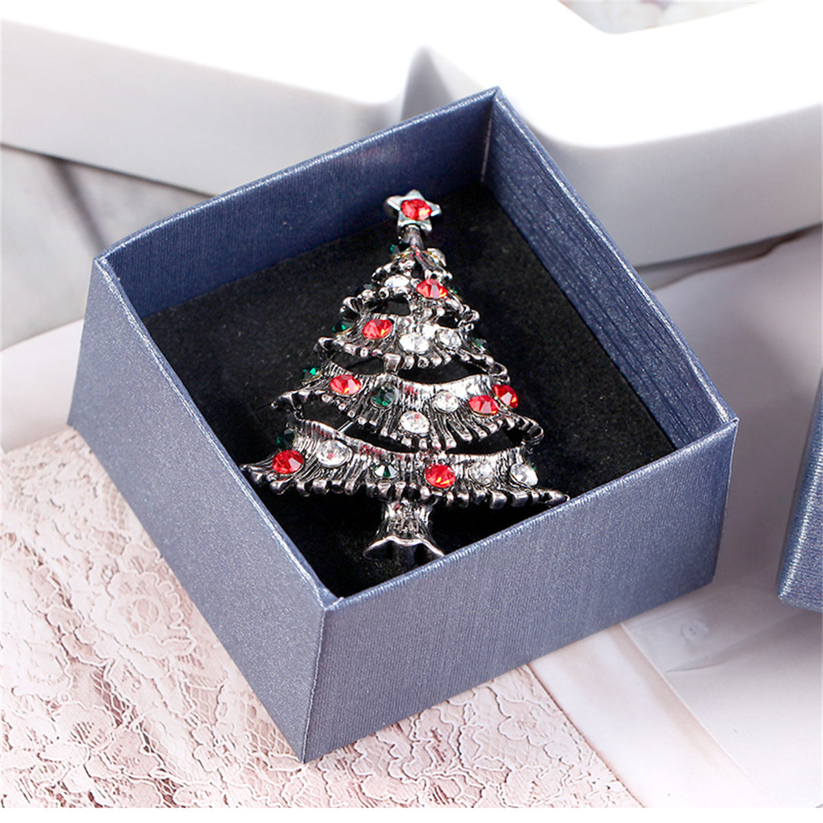 Red & Black Cubic Zirconia Openwork Christmas Tree Brooch