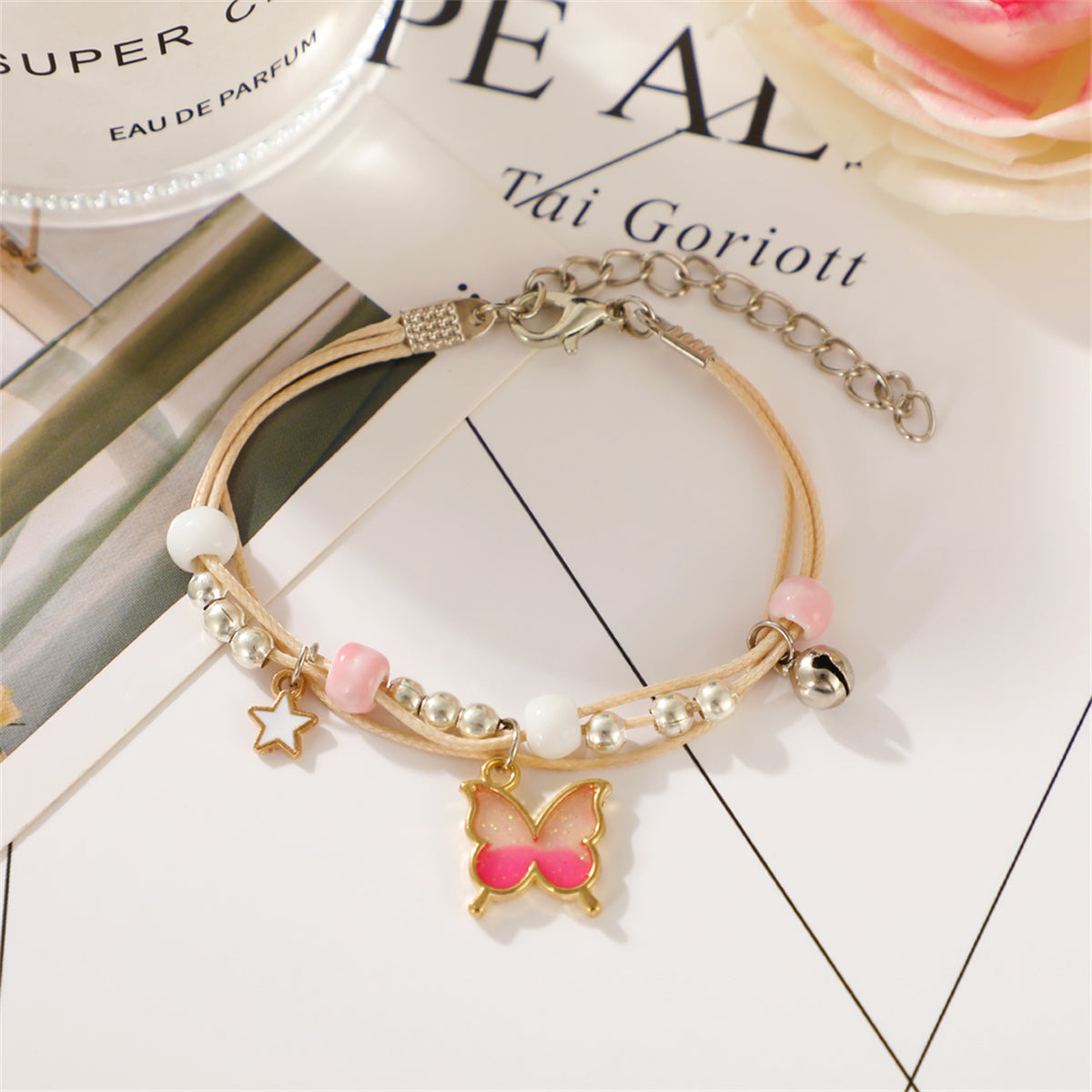 Pink Enamel & Two-Tone Buttefly Layered Charm Bracelet