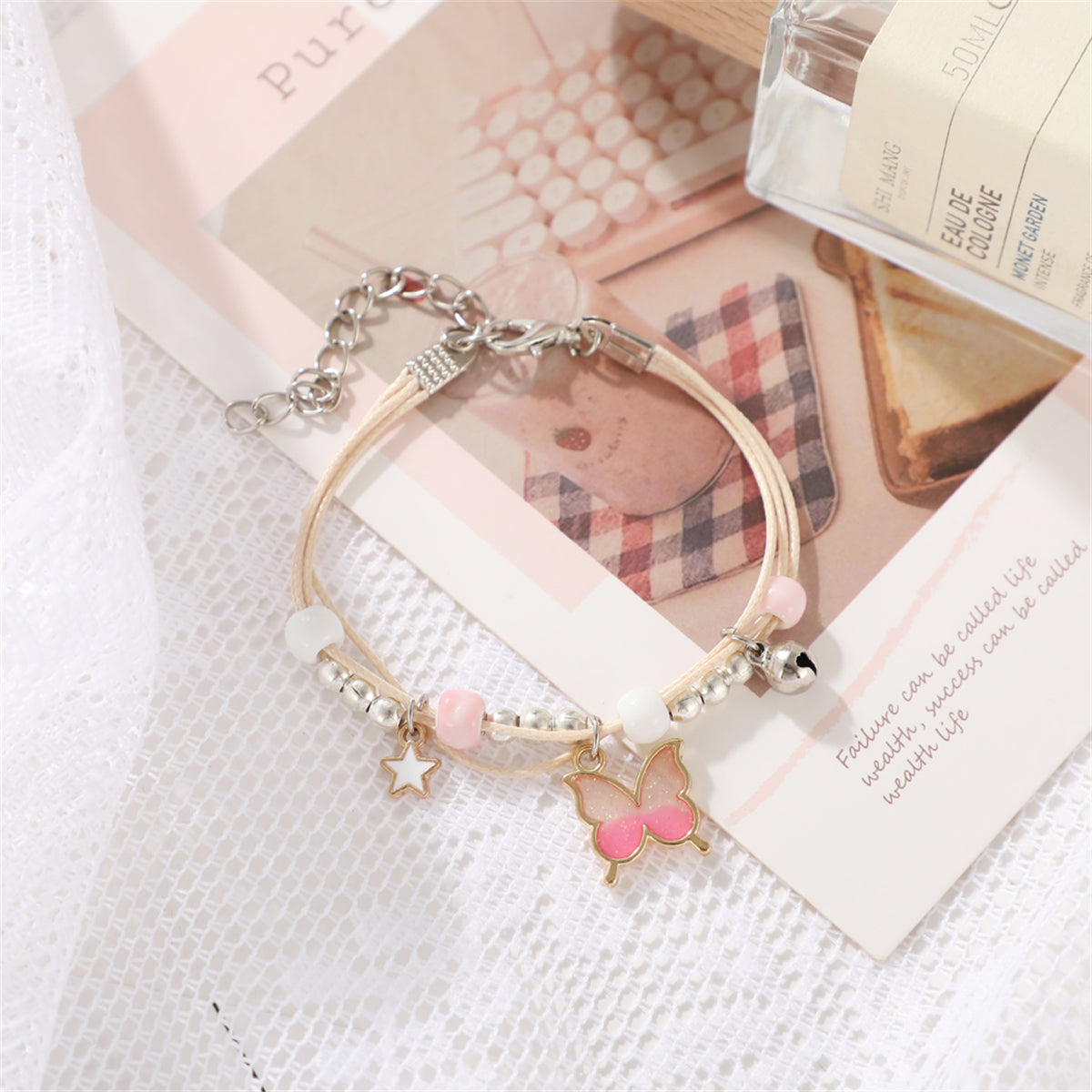 Pink Enamel & Two-Tone Buttefly Layered Charm Bracelet