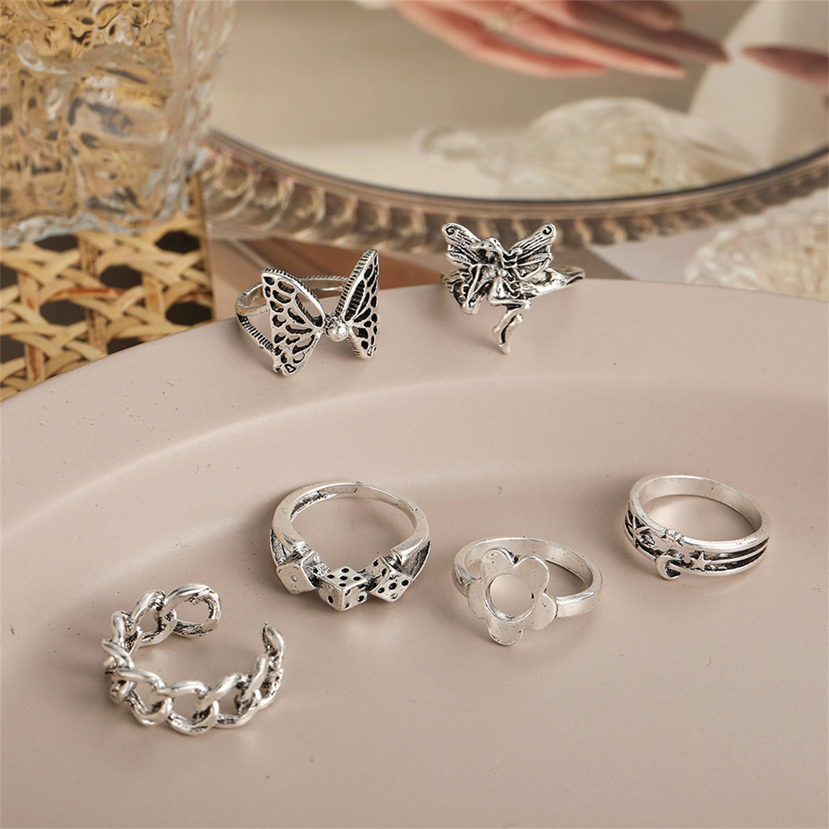 Silver-Plated Butterfly & Fairy Ring Set