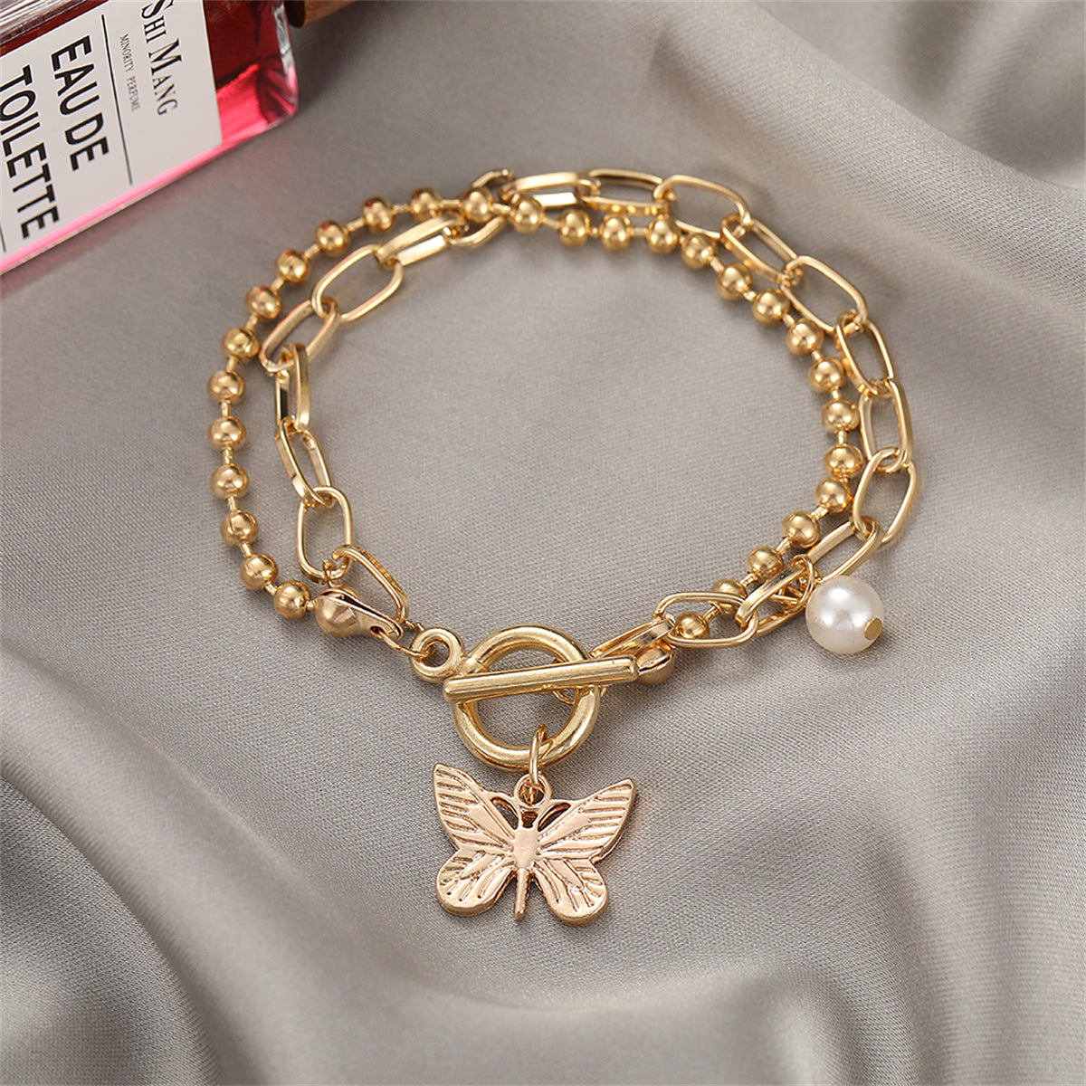 Pearl & 18K Gold-Plated Dual-Chain Butterfly Charm Bracelet