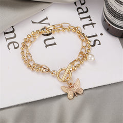 Pearl & 18K Gold-Plated Dual-Chain Butterfly Charm Bracelet