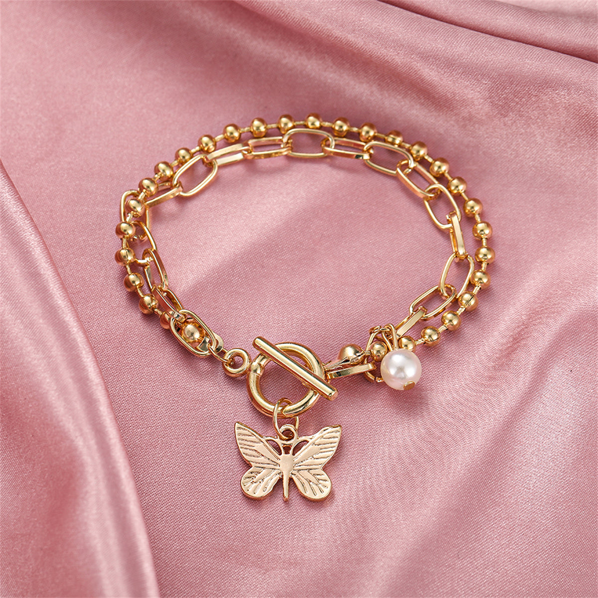 Pearl & 18K Gold-Plated Dual-Chain Butterfly Charm Bracelet