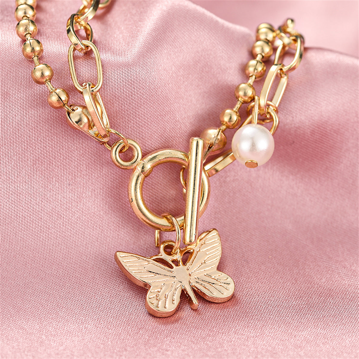 Pearl & 18K Gold-Plated Dual-Chain Butterfly Charm Bracelet