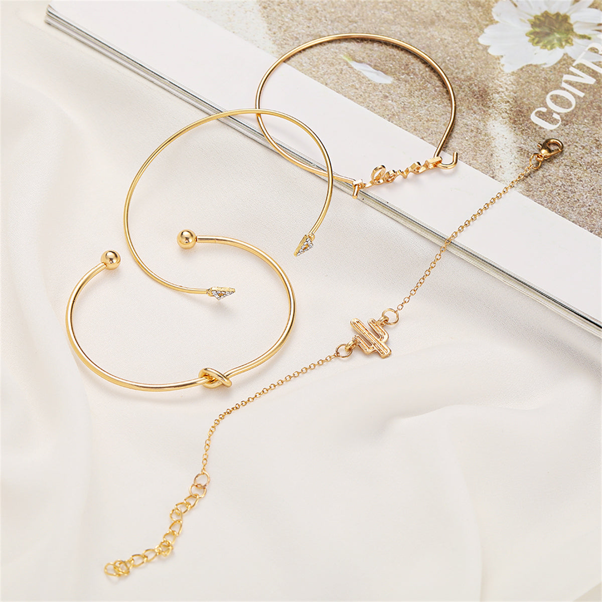 Cubic Zirconia & 18K Gold-Plated 'LOVE' Cactus Charm Cuff Bracelet Set