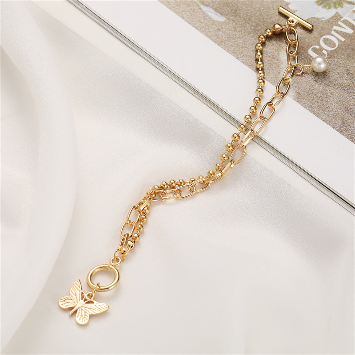 Pearl & 18K Gold-Plated Dual-Chain Butterfly Charm Bracelet