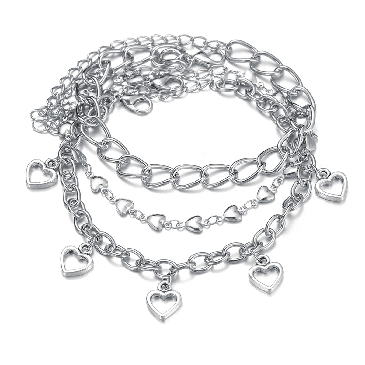 Silver-Plated Openwork Heart Station Charm Anklet Set