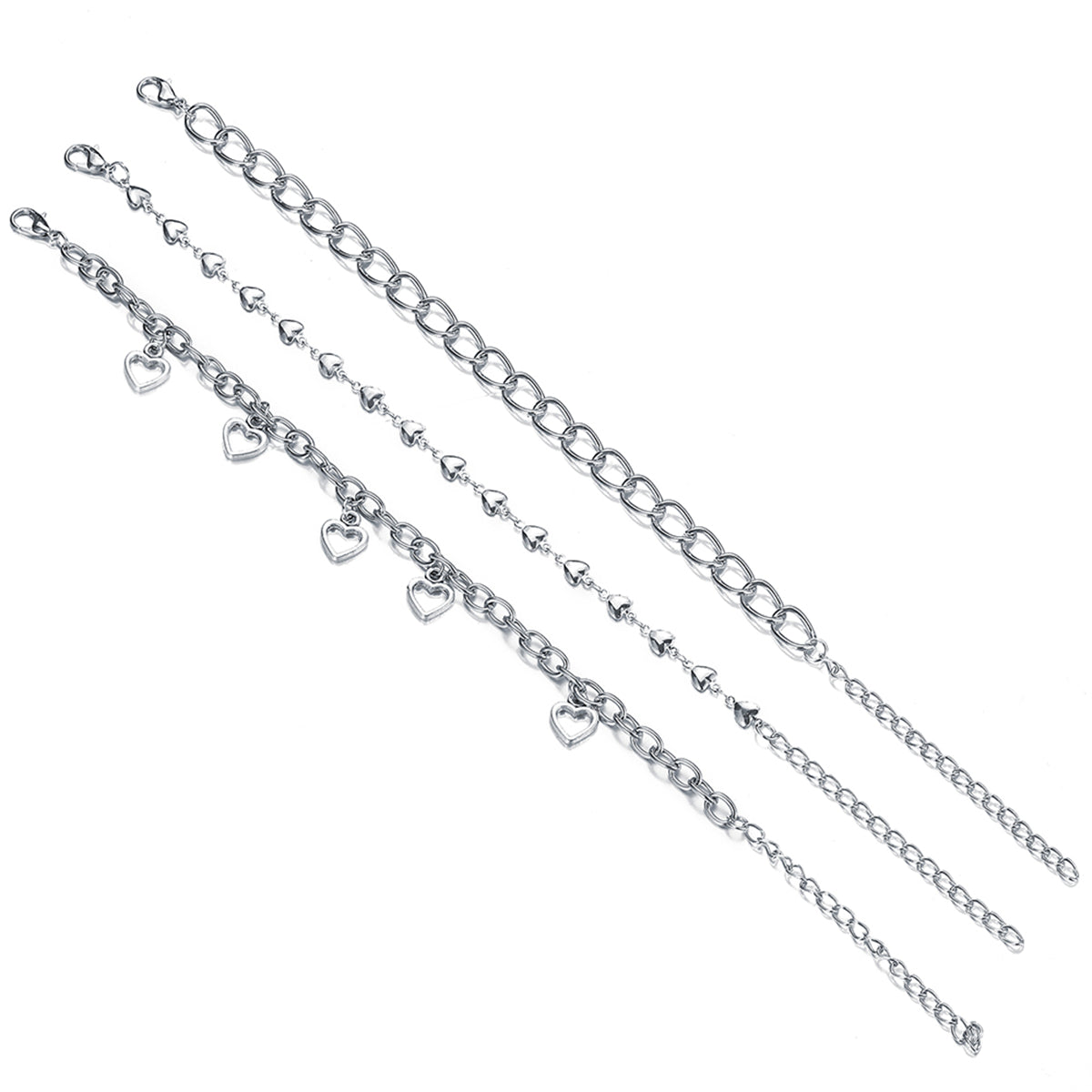 Silver-Plated Openwork Heart Station Charm Anklet Set