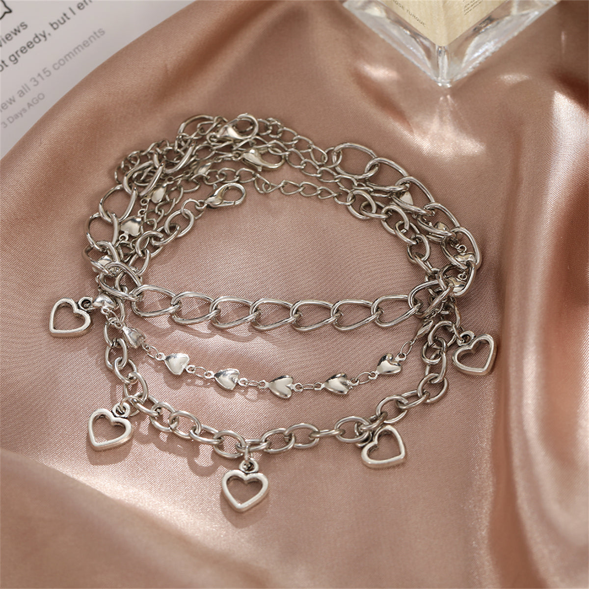 Silver-Plated Openwork Heart Station Charm Anklet Set