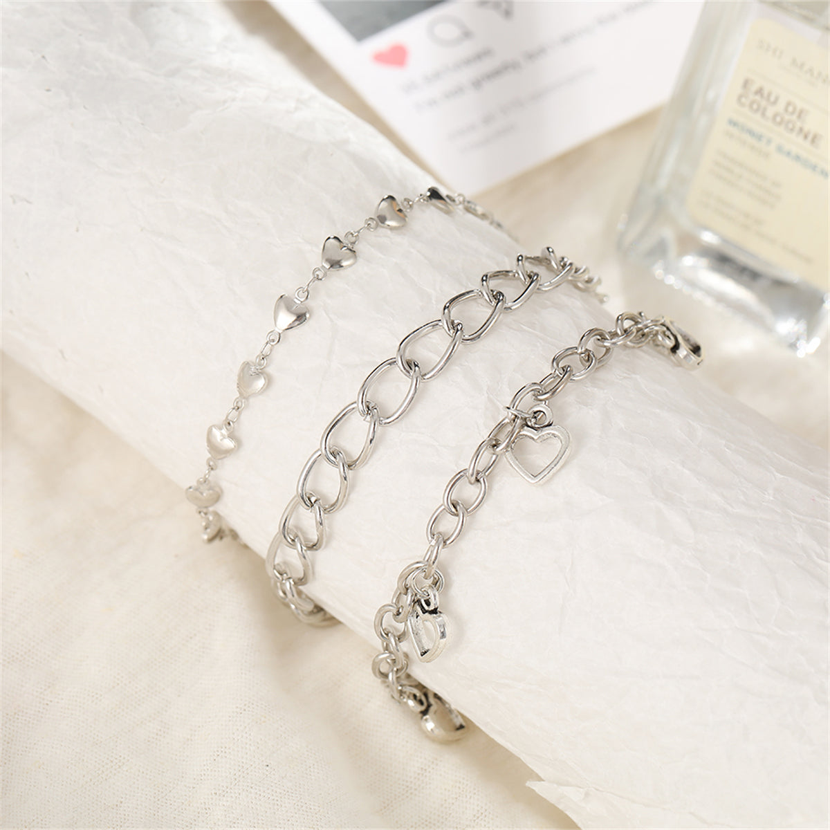 Silver-Plated Openwork Heart Station Charm Anklet Set