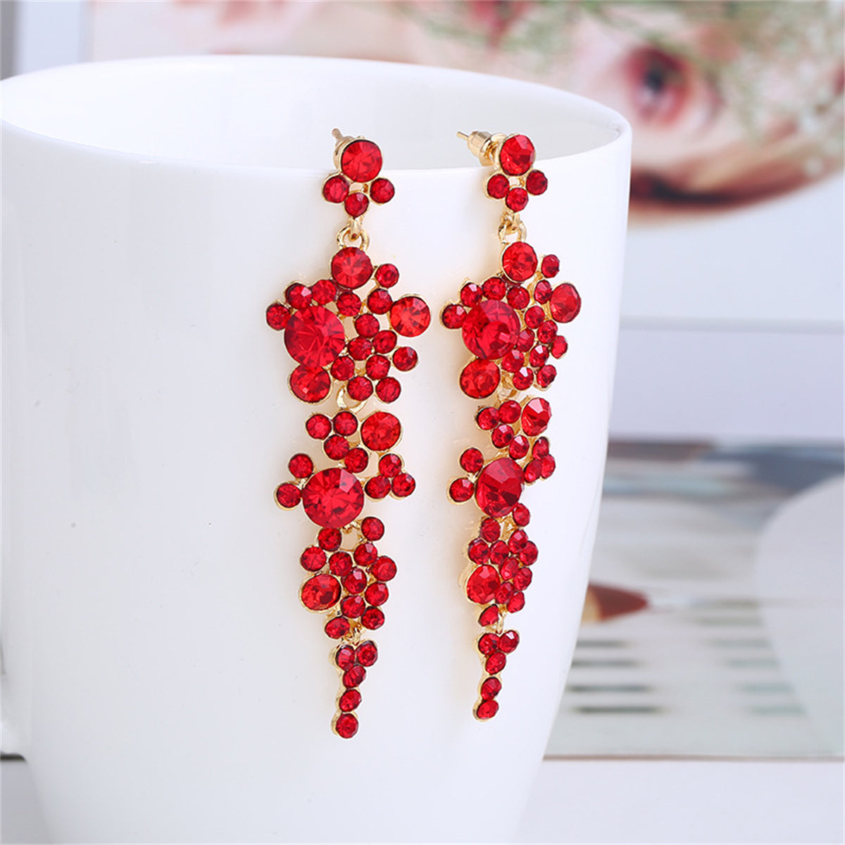 Red Cubic Zirconia & 18K Gold-Plated Cluster Drop Earrings