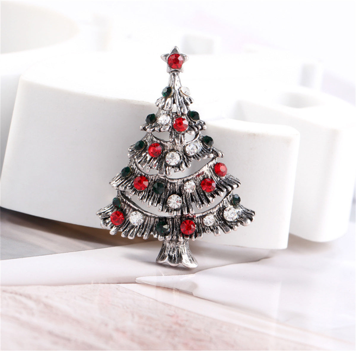 Red & Black Cubic Zirconia Openwork Christmas Tree Brooch