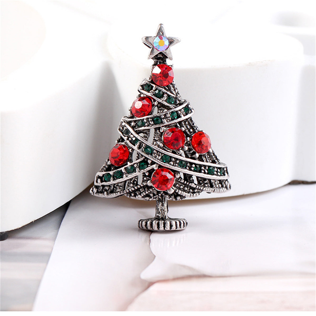 Red Cubic Zirconia & Silver-Plated Christmas Tree Brooch