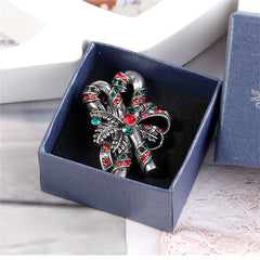 Red Cubic Zirconia & Silver-Plated Double Candy Cane Brooch