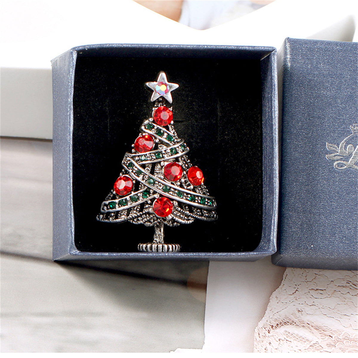 Red Cubic Zirconia & Silver-Plated Christmas Tree Brooch