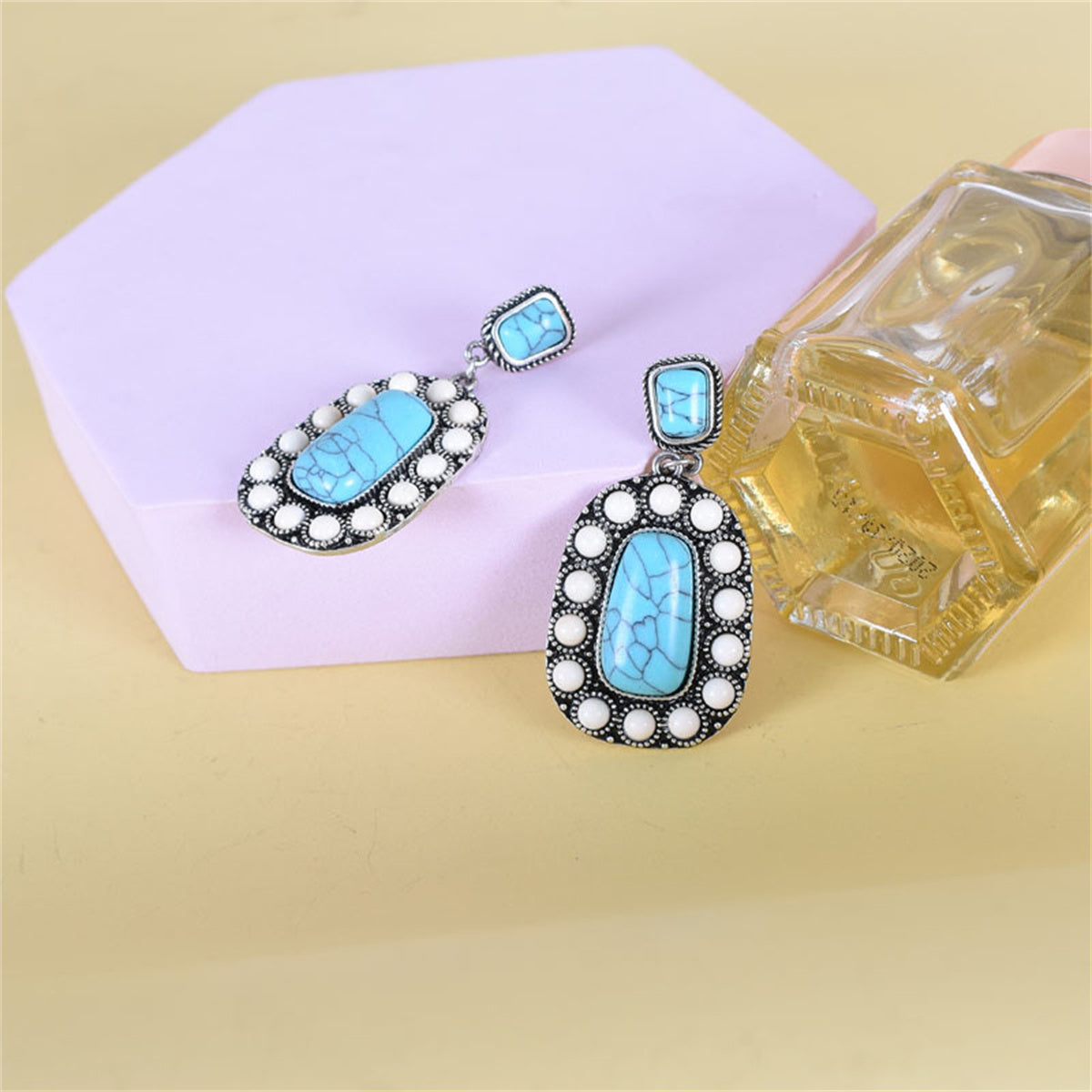 Blue Turquoise & White Resin Oval Drop Earrings