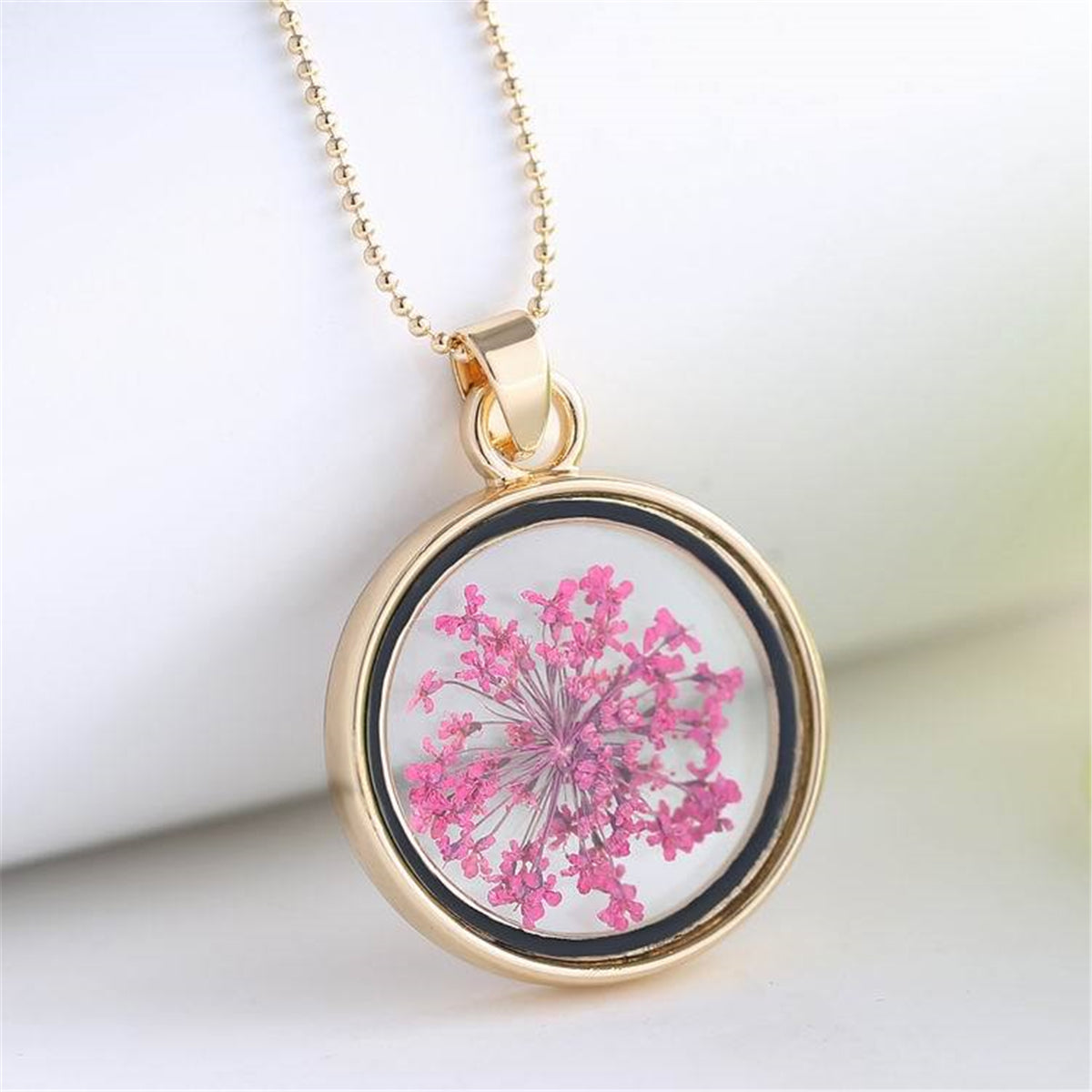 Pink Gypsophila & Resin Round Pendant Necklace