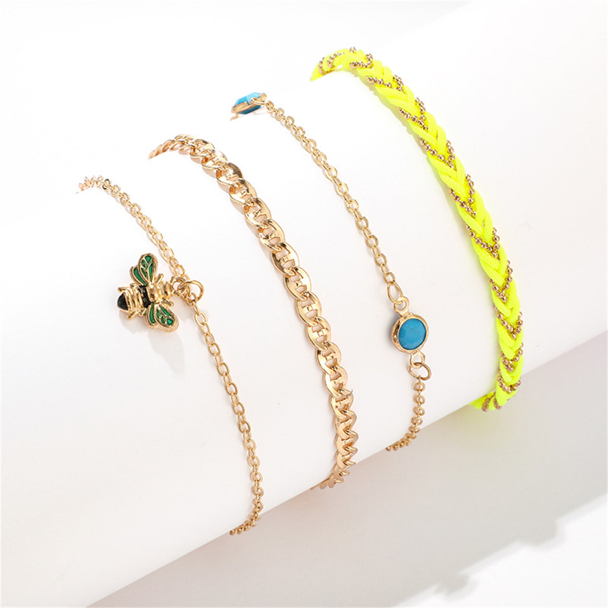 Neon Yellow & 18K Gold-Plated Bee Charm Anklet Set